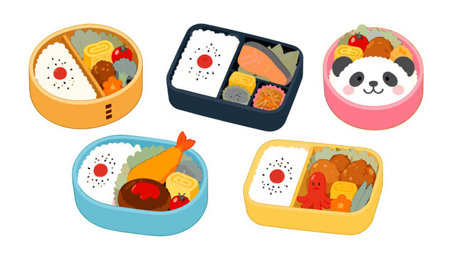 Colorful bento lunch boxes with rice and assorted food