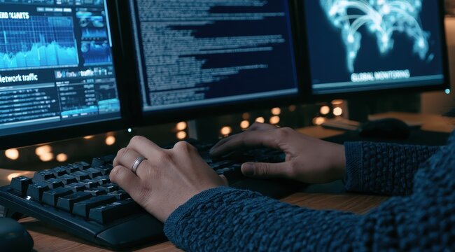 Programmer working on multiple monitors with network data