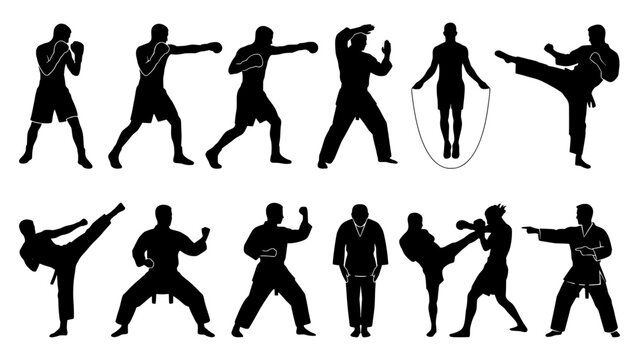 Martial arts training and combat fighting silhouettes collection with diverse athlete postures silhouettes fighters training fighting collection