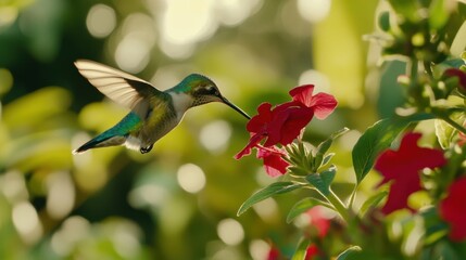 Fototapeta premium Hummingbird feeding on nectar from a bright red flower