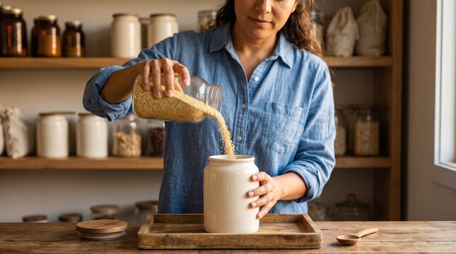Home cook decants quinoa into a pantry canister