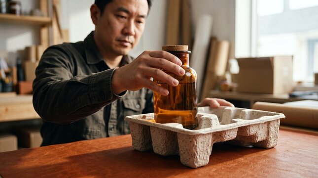 Glass jar settles into a molded fiber shipping cradle
