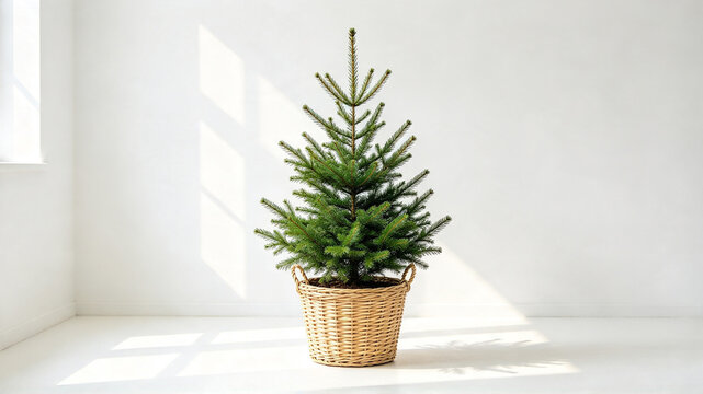 A small green pine tree in a woven wicker basket centered in a bright, minimalist white room with soft sunlight and window shadows.