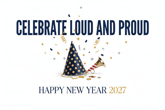 Party hat and noise maker with confetti on white background, and celebrate loud, and proud text, for happy new, year 2027 celebration