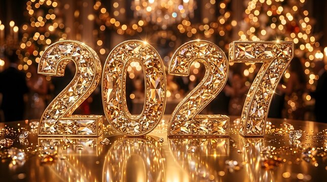 A radiant golden new year 2027 celebration featuring bright sparkling lights and a beautiful festive bokeh background