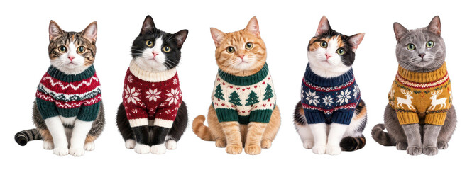 Fototapeta premium PNG Five cats wearing festive Christmas sweaters