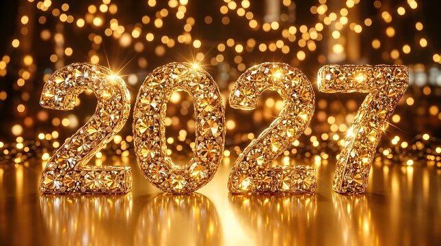 Golden new year 2024 celebration with sparkling lights and a reflective floor surface