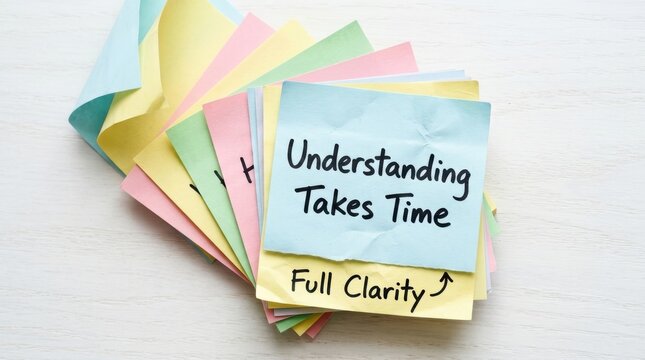 Understanding takes time message on colorful sticky notes