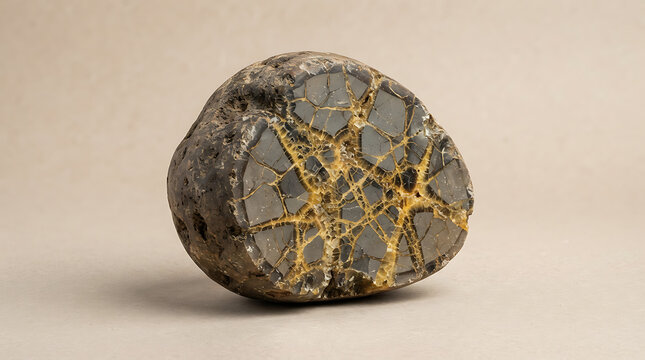 Septarian nodule featuring a complex network of yellow calcite cracks displayed against a neutral background.