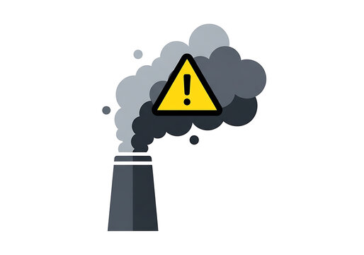 Smokestack emitting smoke with warning sign isolated on transparent background