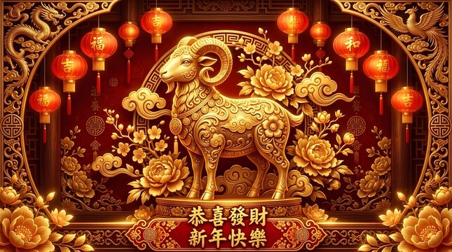 Golden goat statue surrounded by traditional red lanterns celebrating the lunar new year