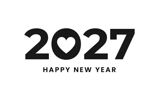 Bold black typography displaying 2027 with a heart replacing the zero for happy new year celebrations