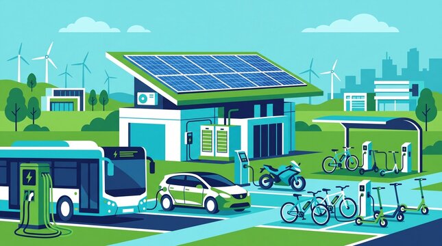 Transportasi vektor stasiun pengisian energi terbarukan ramah lingkungan