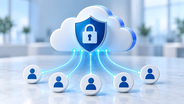Secure cloud computing concept with central shield connecting to multiple user profile icons