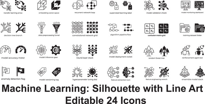 machine learning vector icon set, showcasing data preprocessing