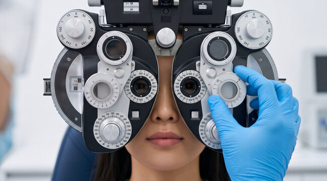 Woman undergoing vision exam with phoropter machine in ophthalmology clinic, eye test procedure and optometrist sight care checkup concept