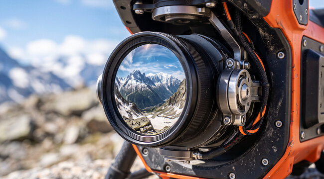 Close up of rescue drone camera lens reflecting snowy mountain landscape, optical zoom technology and aerial search operation in wild environment concept