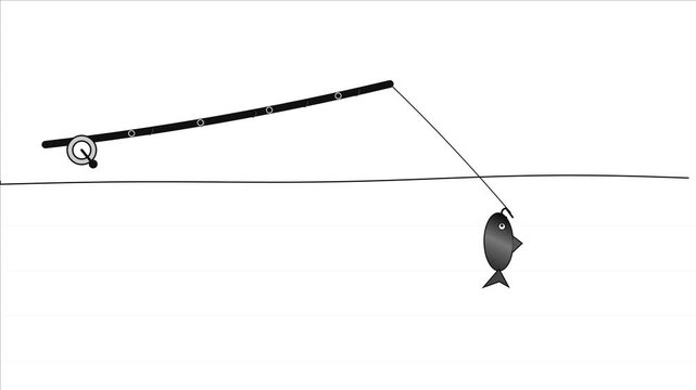 Fishing Rod Line Animation in Black and White, Animated Fishing Tackle and Hook, Angling Equipment, Fishing Gear, Sport Fishing, Outdoor Activity and Minimalist Motion Graphic