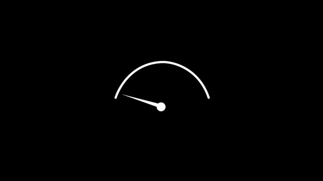 Animated white line art speedometer gauge with moving needle isolated on black background Motion graphic performance indicator and speed meter overlay for video editing asset