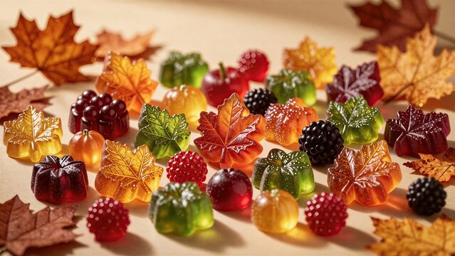 Autumn gummy candies shaped like leaves, pumpkins, and berries on beige background, colorful seasonal treats concept