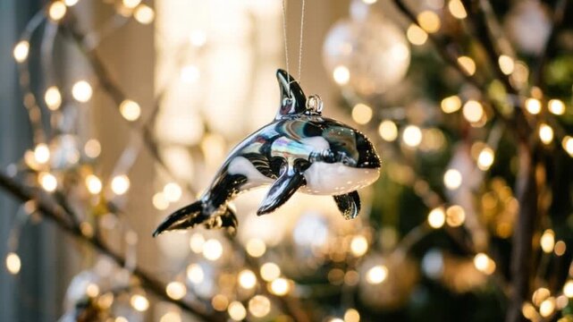 A captivating hand-blown glass ornament shaped like a miniature iridescent orca, beautifully hanging among warm, sparkling holiday lights, creating a magical festive display.