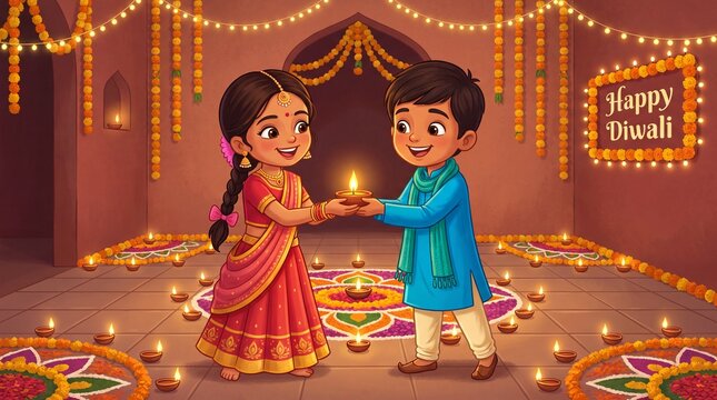 Happy Diwali! Cartoon Kids Celebrating with Diyas