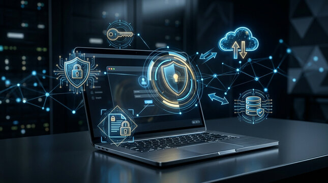 Open laptop on a desk in a server room featuring glowing cybersecurity HUD icons like shields, padlocks, encryption keys, cloud storage, and protected database network nodes.