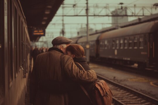 Couple embraces on a train station platform while a train prepares