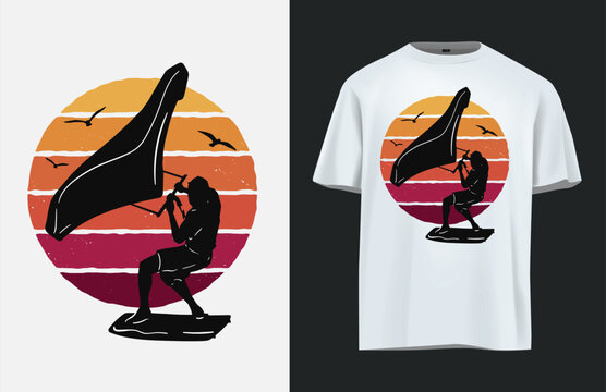 T-shirt design featuring a windsurfer silhouette against a retro sunset