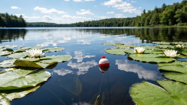 A serene outdoor scene captures a classic red and white fishing bobber floating on still water, creating gentle ripples amidst lily pads, reflecting a clear blue sky and lush green forest shoreline.
