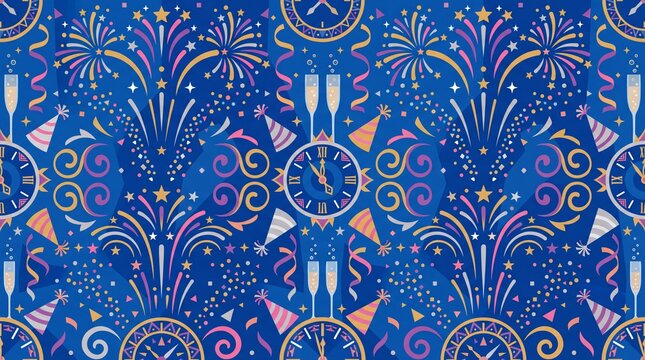 New year vektor seamless pattern with clocks and fireworks on blue