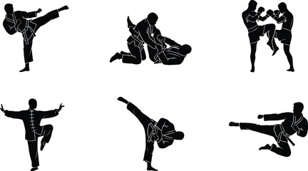 Fototapeta premium Martial Arts Silhouette Collection, Karate Taekwondo Kung Fu Kickboxing Combat Fighters Action Vector Illustration Bundle Set