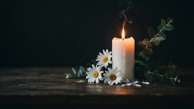 Memorial Candle with White Daisies on Dark Wooden Table