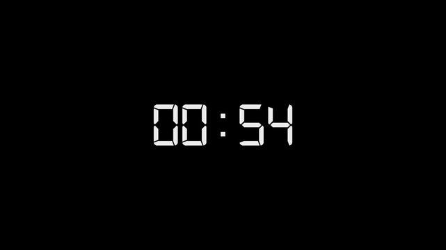 Digital clock 60 second countdown timer down a from 59 to 00 on black background