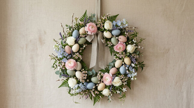 Decorative spring Easter wreath with pastel painted eggs, pink ranunculus, white roses, and eucalyptus hanging on a beige linen wall background with a fabric ribbon.