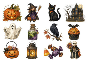 Fototapeta premium Halloween clipart collage with pumpkins, ghosts, witch, cat, raven, PNG transparent background