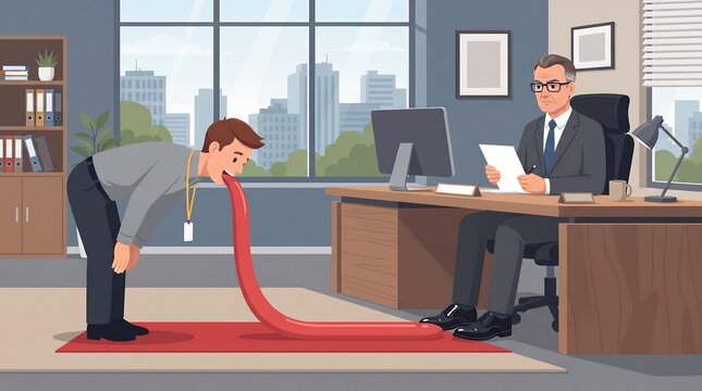 Funny corporate vector illustration of sycophant employee rolling long red tongue to bootlick manager for office politics concept