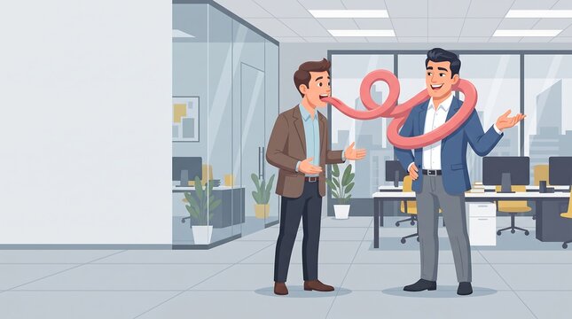 Funny satirical vector illustration of bootlicking employee with long tongue wrapping around boss in modern office