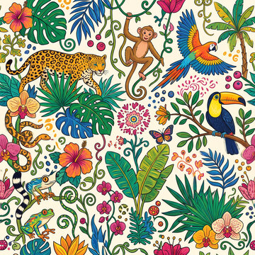 Cute Seamless Pattern of Tropical Jungle Animals, Leopard, Monkey, Parrot, Toucan, and Exotic Leaves