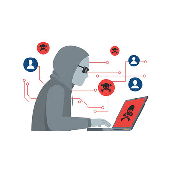 Cybercrime Virus a Hooded Hacker in Sunglasses Uses a Laptop to Attack a Digital Network of Users with Malware and Skull Viruses in a Flat Vector