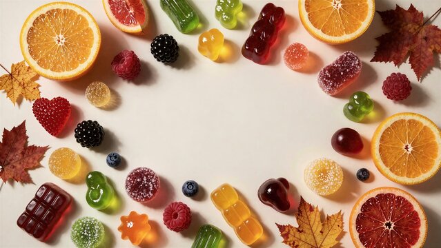 Colorful gummy candies and fresh fruit slices with autumn leaves on white background, flat lay top view for seasonal treat and copy space concept