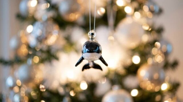 Exquisite hand-blown iridescent glass orca ornament with striking black and white details, gracefully suspended on a beautifully decorated Christmas tree, glowing with warm, blurred festive lights.