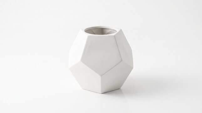 White polyhedron faceted ceramic vase on white background