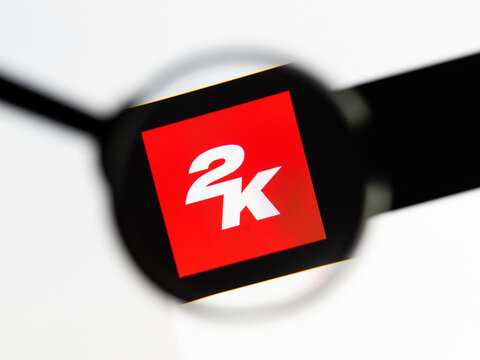 Milan, Italy 2026, 15 AGO Closeup of 2k com website page on a laptop screen. Focus on 2k com logo under a magnifying glass.