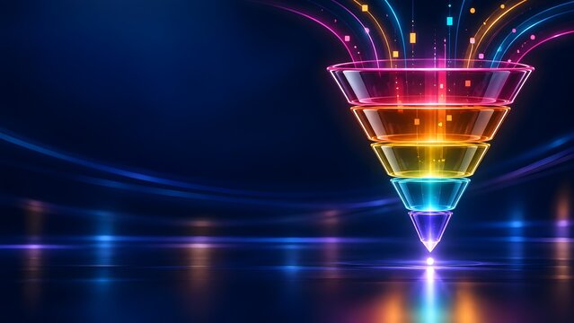 Futuristic glowing digital marketing funnel processing colorful data streams into a targeted single point of conversion