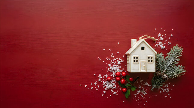 Cozy winter house with poinsettia and festive holiday background