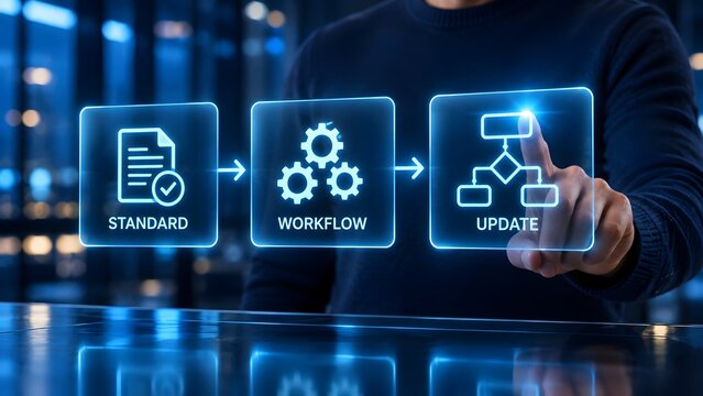 Businessman interacting with a glowing digital workflow interface optimizing standard operating procedures and system updates