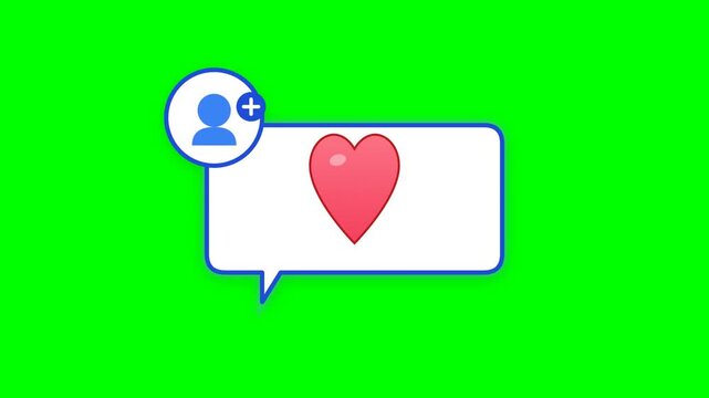Social media notification bubble with heart and add user icon isolated on green screen background