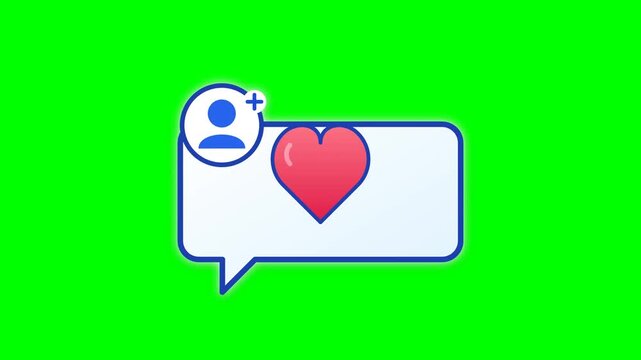 Social media chat bubble icon with red heart and follow user symbol isolated on green background