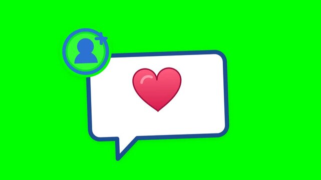 Social media notification icon with a red heart in a speech bubble and profile avatar on a green screen background